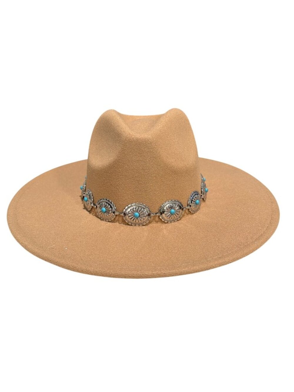 Revolve 8 Other Reasons Tan Wide-Brim Hat Turquoise Concho Chain NWT